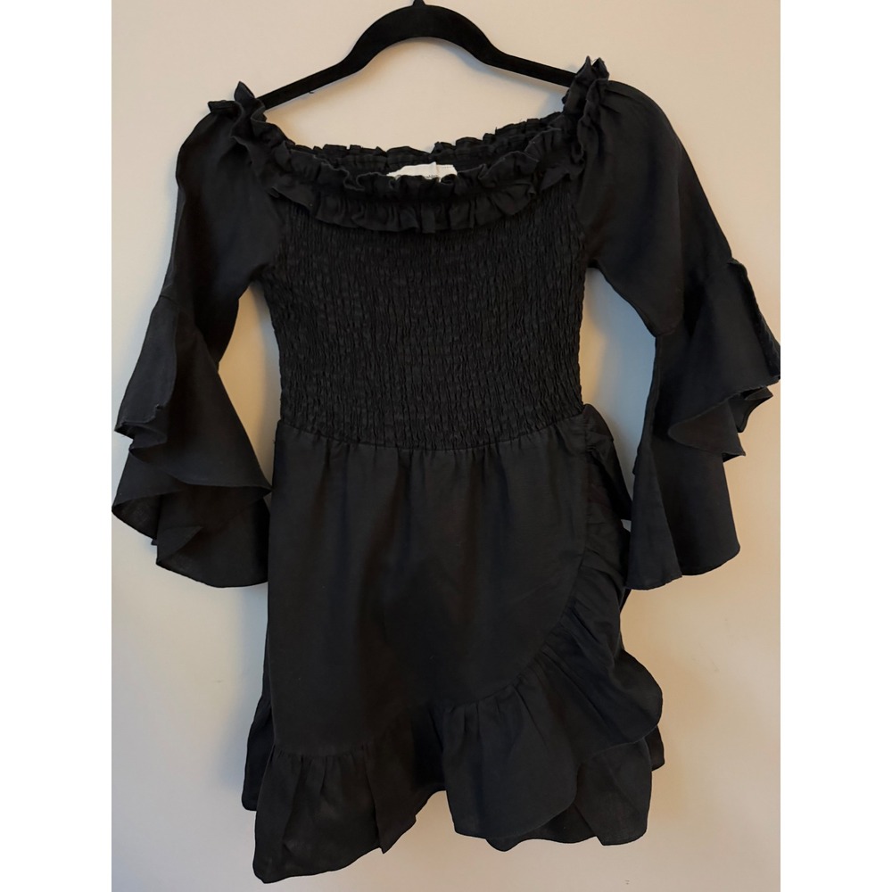 The Impeccable Pig Women's Small Black Linen Smocked Ruffle‎ Mini Dress